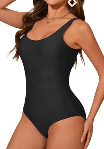 Zando Tummy Control Swim Suits for Women 2026 - Slimming Womens One Piece Swimsuit Modest Bathing Suits Athletic Black One Piece Swimsuits for Women Bathing Suit Scoop Neck Square Back Swimwear L