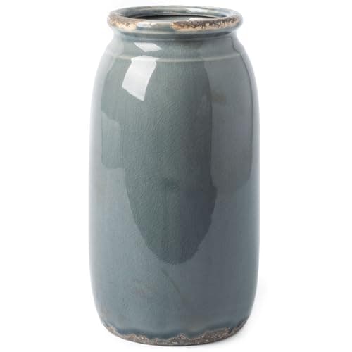VICTOR & TERESA Rustic Blue and Grey Vase for Home Decor, Ceramic Vases for Flowers, Modern Farmhouse Decorative Vases for Pampas Grass,Table Accent, Mantel, Living Room,Bookshelf, Centerpieces, 8''