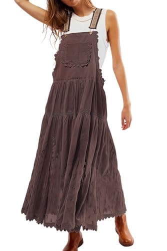 Women's Casual Lace Embroidered Maxi Dress Adjustable Strap Pleated Tiered Swing Long Dress with Pockets (Medium,Coffee)