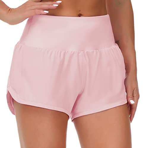 THE GYM PEOPLE Womens High Waisted Running Shorts Quick Dry Athletic Workout Shorts with Mesh Liner Zipper Pockets (Pink, Small)