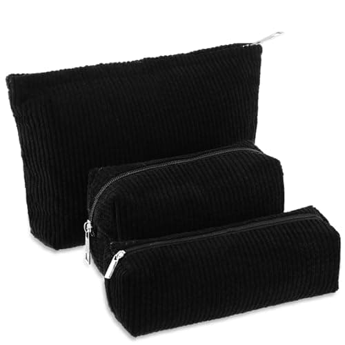 Huhumy 3 Pcs Makeup Bag Set for Women Corduroy Cosmetic Pouch Aesthetic Smile Travel Toiletry Bag Cute Purse Pouch Pencil Case Makeup Brushes Storage Organizer for Christmas(Black,Solid Style)