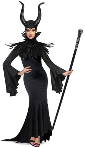 UQJE Black Gothic Witch Costume Raven Costume Halloween Feather Shawl Mesh Cape with Horns Set-M