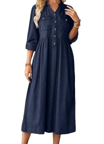 loveimgs Women Casual Button Down High Waist Midi Denim Dress V Neck Pleated Shirt Jean Dress A Line Long Sleeves Pockets (XX-Large,Dark Blue)