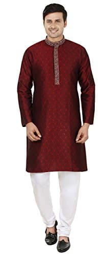Poly Silk Men's Kurta Pajama India Clothing Wedding Party Wear (Maroon, M)