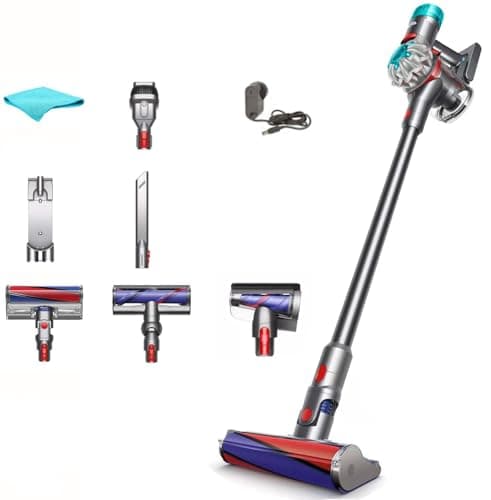 Dyson V8 Absolute Cordless Vacuum Cleaner, HEPA Filter, Rotating Brushes, Bagless, Battery Operated, Up to 40 Min Runtime, Silver, with 5AVE Microfiber Cloth