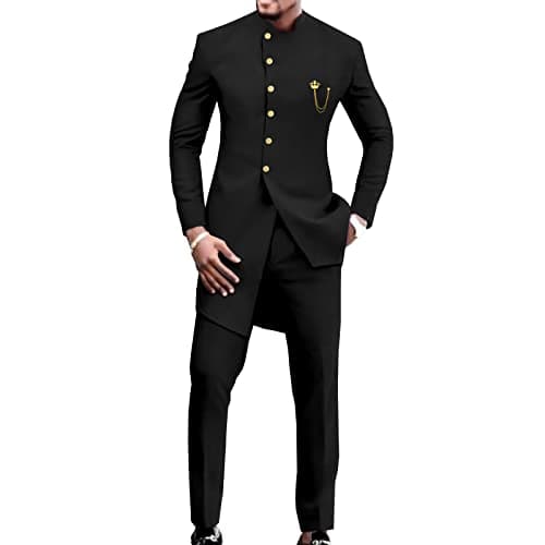 africa-pride African Suit for Men Single Breasted Slim Fit Jackets & Trousers 2 Piece Set Business Suit Wedding Evening Black Medium