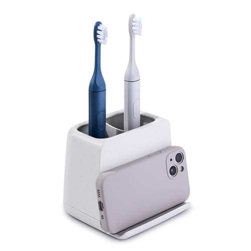 YouCopia The Ledge Toothbrush Holder, 2-Slot, Bathroom Vanity Counter Organizer with Cord Slots, Removable Base and Storage for Phones, Toothpaste and Accessories