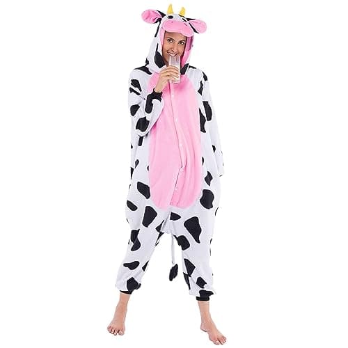 Spooktacular Creations Cow Pajama, Plush Cow Costume One Piece Cow Outfit Hooded, Pink Cow Halloween Costume Sleepwear for Halloween Cosplay Animal Themed Parties(Large)