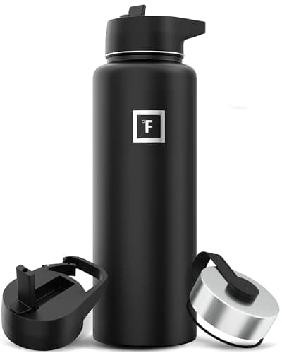 IRON °FLASK Camping & Hiking Hydration Flask with 3 Lids - Stainless Steel, Double Walled & Vacuum Insulated Water Bottle - Leak Proof & BPA Free (Midnight Black, Straw - 40 oz)