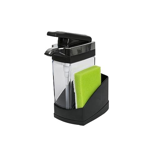 Casabella Sink Sider Solo Kitchen Soap Pump and Sponge Caddy, Black/Chrome - 2-in-1 Soap and Sponge Caddy, One-Hand Soap Dispensing, Ergonomic Design, Easy to Refill and Clean, Efficient Size