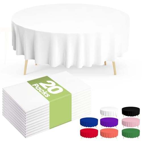 Pureegg Plastic Table Cloth Disposable 20 Pack, 84'' Round Table Cloths, Party, Picnic, Wedding, Decorative Tablecloths, Round, White Plastic Cover, Leakproof & Sturdy, White