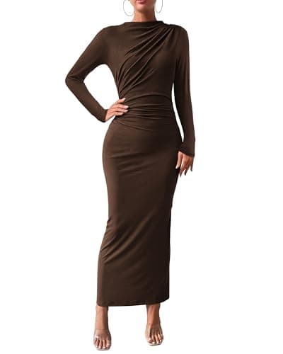 BTFBM Women Bodycon Maxi Dress Long Sleeve Back Slit Ruched Elegant Party Cocktail Formal Fall Wedding Guest Dresses(Dark Coffee, Medium)