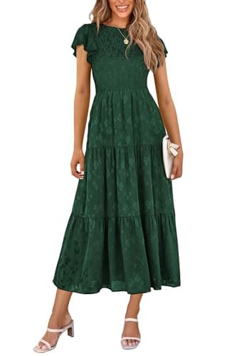 PRETTYGARDEN Women's Floral Midi Dresses 2025 Summer Cap Sleeve Smocked Ruffle A Line Long Flowy Wedding Guest Dress (Dark Green,X-Large)