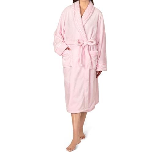 PAVILIA Soft Plush Women Fleece Robe, Pink Cozy Bathrobe, Female Long Spa Robe, Warm Housecoat, Satin Waffle Trim, S/M