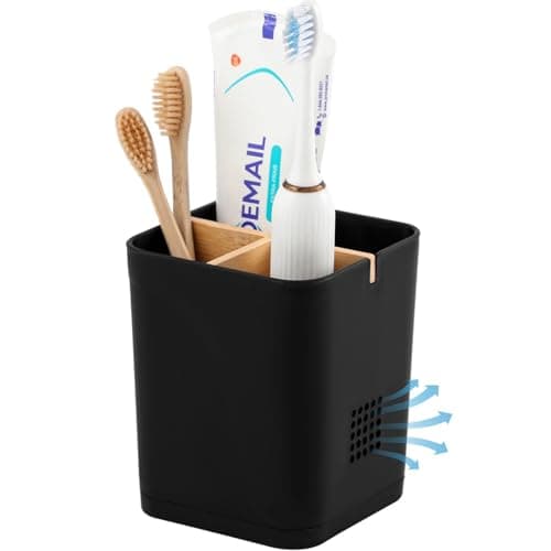 Electric Toothbrush Holder 3 Slots Tooth Brushing Holder with Bamboo Dividers for Bathrooms, Plastic Toothbrush and Toothpaste Organizer for Shower, Countertop, Vanity, Black