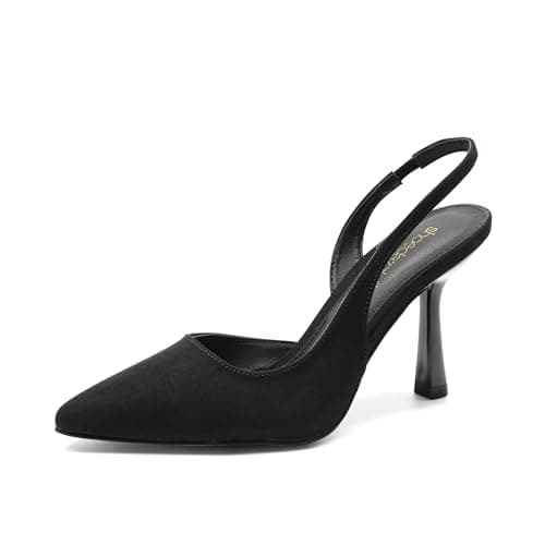JustFab Women's Pointed Toe High Stiletto Heels Slingback Stretch Slip-on Pumps Backless Patent Suede Fashion Dress Shoes for Women(Size 6, Black)