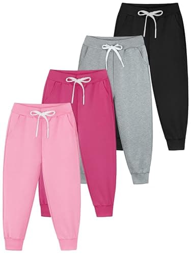 Resinta 4 Pack Girls' and Toddler Sweatpants Kids Active Jogger Pants Girls Casual Pull On Pants with Drawstring Pockets
