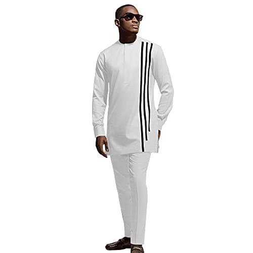 SEA&ALP African Men‘s Party Suit two Pieces Set Dashiki Shirt Pant Tracksuit Long Sleeve Outfit White M