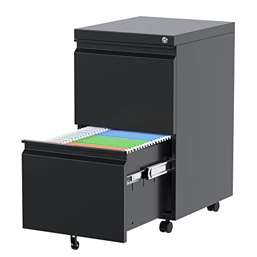 METAN 2 Drawer File Cabinet with Lock, Mobile Under Desk Filing Cabinet for Office Legal/Letter Size, Fully Assembled Except Wheels,Black