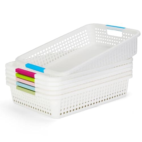 Carperipher 6 Pcs Colorful Plastic Classroom Storage Baskets 15" X 10" X 3",Desktop File Organizer Baskets,Paper Trays with Handle for Classroom, Drawers, Office, Home