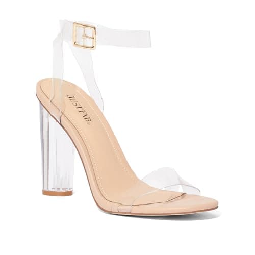 JustFab Clear Heels for Women 4 Inches Chunky Heels Sandals for Women Comfy Open Toe Block Heeled Sandals Nude Ankle Strappy High Heels