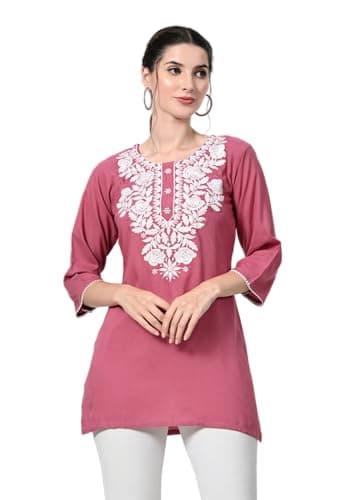 LIBOZA Kurti for Women - Short Chikankari Kurtis for Girls, Lakhnawi Tunic Top Kurta Design for Ladies, Woman Ethnic Kurthis Shirt with Sleeve (Medium, Pink)