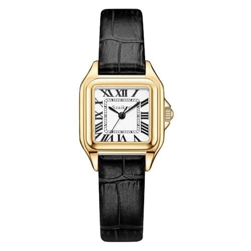 Szaikyri Classic Square Watches for Women with Roman Numerals Ladies Casual Dress Watch (Black-Gold)