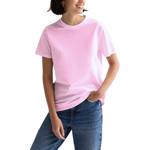 100% Soft Cotton Basic Crew Neck T Shirts for Women, Short Sleeve Casual Summer Tops, Trendy Solid Loose Fit Plain Tshirt, Light Pink Tees