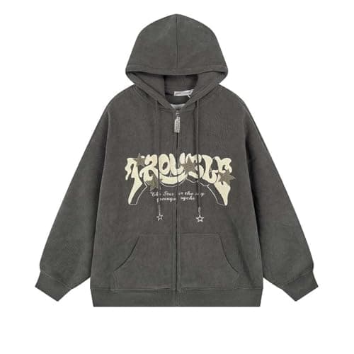 OATSBAS Y2K Zip Up Hoodie for Women Men Letter Print Star Graphic Grunge Hooded Corduroy Sweatshirt Jacket (XX-Large,Grey)