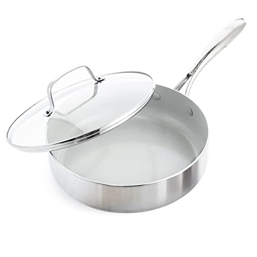 GreenLife Tri-Ply Stainless Steel Healthy Ceramic Nonstick, 3.75QT Saute Pan Jumbo Cooker with Lid, PFAS-Free, Multi Clad, Induction, Dishwasher Safe, Oven Safe, Silver