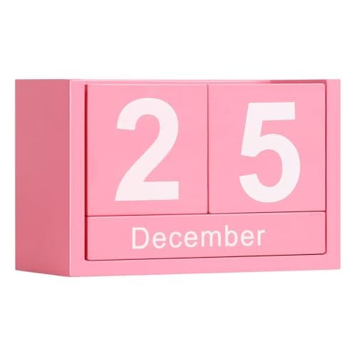 DEERINE Wooden Block Calendar for Desk, Small Size Daily Desktop Perpetual Desk Calendar, Cute Date Display Desk Accessories for Home Office Decor, Teacher, Classroom, Reusable Yearly, Pink