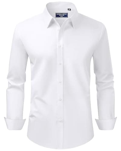 Alimens & Gentle Men's Dress Shirt Regular Fit Stretch Stain Shield Long Sleeve Solid Business Wedding Button Down Shirts White