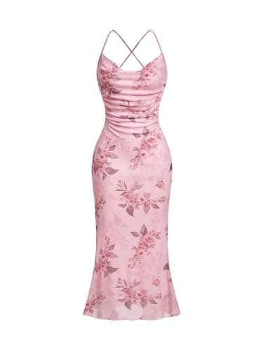 SOLY HUX Women's Floral Mesh Bodycon Cami Dress Cowl Neck Sleeveless Cocktail Party Wedding Guest Long Maxi Dresses Pink Floral Medium