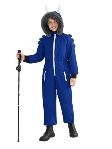 Haloumoning Boys One Piece Dinosaur Snowsuits Kids Hooded Waterproof Winter Outdoor Overalls Snowboarding Ski Suits 5-14Y