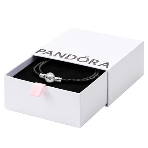 PANDORA Double Woven Leather Bracelet - Compatible Moments Charms - Sterling Silver - Gift for Her - Jewelry for Women with Gift Box - Size 15.0"