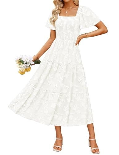 ZESICA Women‘s Summer Boho Floral Midi Dress 2026 Casual Short Sleeve Square Neck Flowy Beach Vacation Long Dress,White,Medium