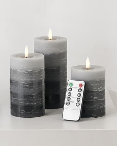 Stmarry Distressed Gradient Gray Flameless Candles with Remote and Timer, Real Wax Made LED Pillar Candles Battery Operated with 3D Flickering Flame - 3" x 4", 3" x 5", 3" x 6" - Set of 3