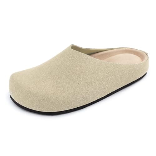Athlefit Women's Slip On Suede Clogs Comfortable Cork Footbed Mules Shoes with Arch Support for Nurse Work Outdoor Travel, Beige, Size 8, AD00854