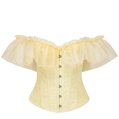 SHYMMUO Women Off Shoulder Yellow Corset Top – Ruffle Bustier Vintage Waist Cincher for Party, Renaissance, Fairycore, and Costume Outfits L