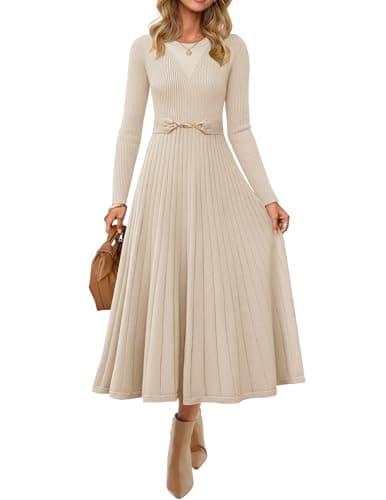 ZESICA Women's Long Sleeve Midi Sweater Dress 2026 Fall Crewneck Knit A Line Pleated Flowy Long Dresses with Belt,Apricot,Large