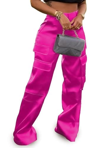 Tapata Petite 28.5" Inseam Womens Satin Cargo Pants High Waisted Wide Leg Casual Streetwear Club Outfits, Hot Pink XXXL