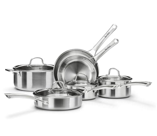 Stainless Steel Cookware Set,Tir-Ply Pots and Pans Set,10 Pcs Stainless Steel Induction Kitchen Cookware Sets,PFOA Free, Frying Pans,Saucepans,Saute Pan & Stock Tagine Pot,Compatible with All Cooktops