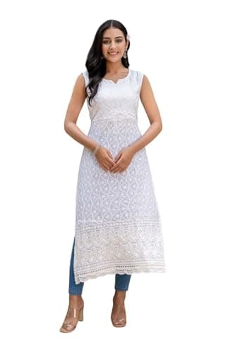 JG JAI GOVINDAM Pure Cotton Sleeveless Lucknowi Chikankari Kurtis For Women Indian Style Small Size Casual Long White Straight Kurti