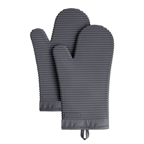 KITCHENAID Ribbed Soft Silicone Oven Mitt 2-Pack Set, 7.5"x13", Charcoal Grey