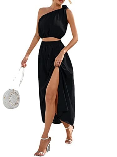 PUONILCA Women 2 Piece Maxi Skirt Sets One Shoulder Crop Top High Waisted Long Skirt with Slit Black Size S-XXL