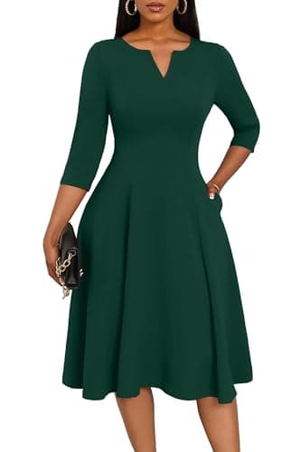 Nmoder Midi Dresses for Women A-Line Fit and Flare Casual Dress 3/4 Sleeve V Neck Cocktail Wedding Guest Work Dress with Pockets Pine Green XL