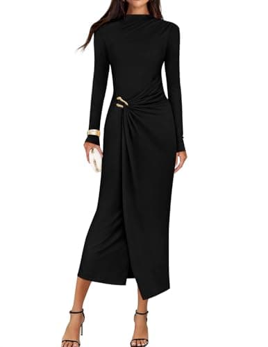 ZESICA Women's 2026 Fall Long Sleeve Bodycon Dress Mock Neck Wedding Guest Cocktail Party Long Midi Dresses,Black,Small