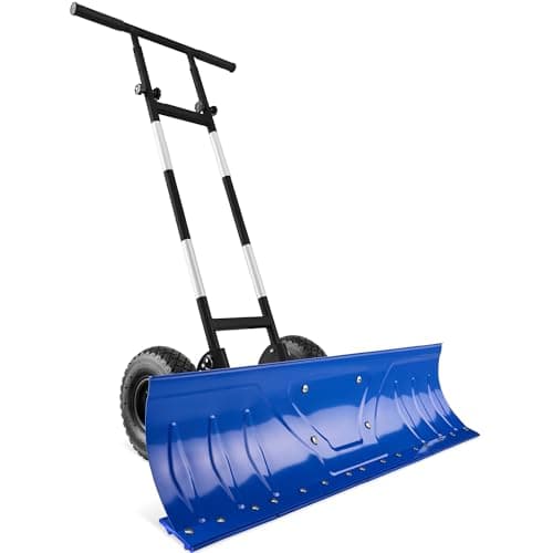 Best Choice Products 36in Galvanized Blade Heavy-Duty 2-Wheel Snow Pusher Hand Plow for Snow Removal w/Wheels, Adjustable Handle, Blade Angle - Blue