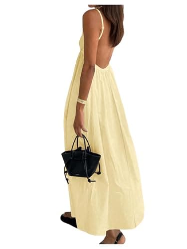 SOLY HUX Women's Summer Dress Backless V Neck Spaghetti Strap Loose Flowy Midi Cami Dresses Pure Yellow Medium
