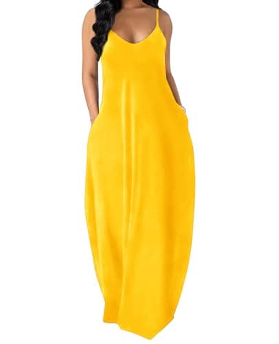 OFEEFAN Maxi Dresses for Women Spaghetti Strap Dress Long Summer Yellow L